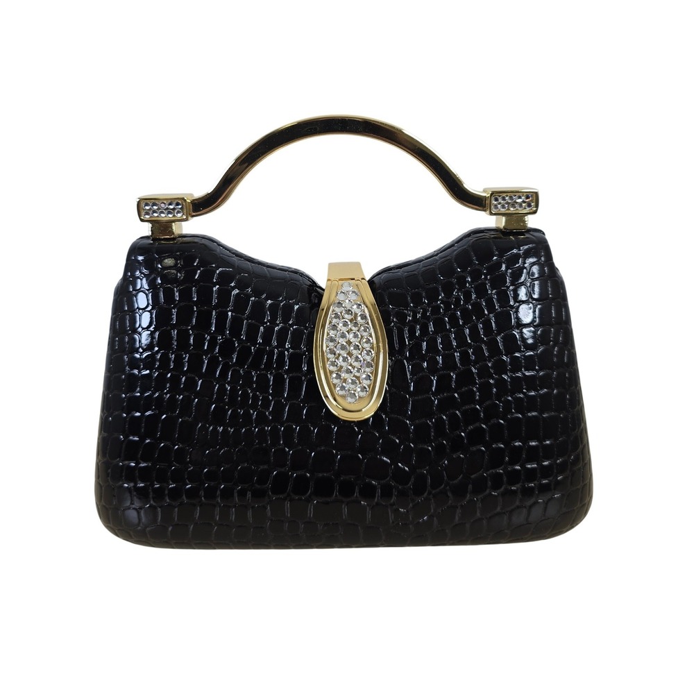 Isabella Adams Black Pearlized Croc Embossed Evening Clutch Gold Crystal Handle